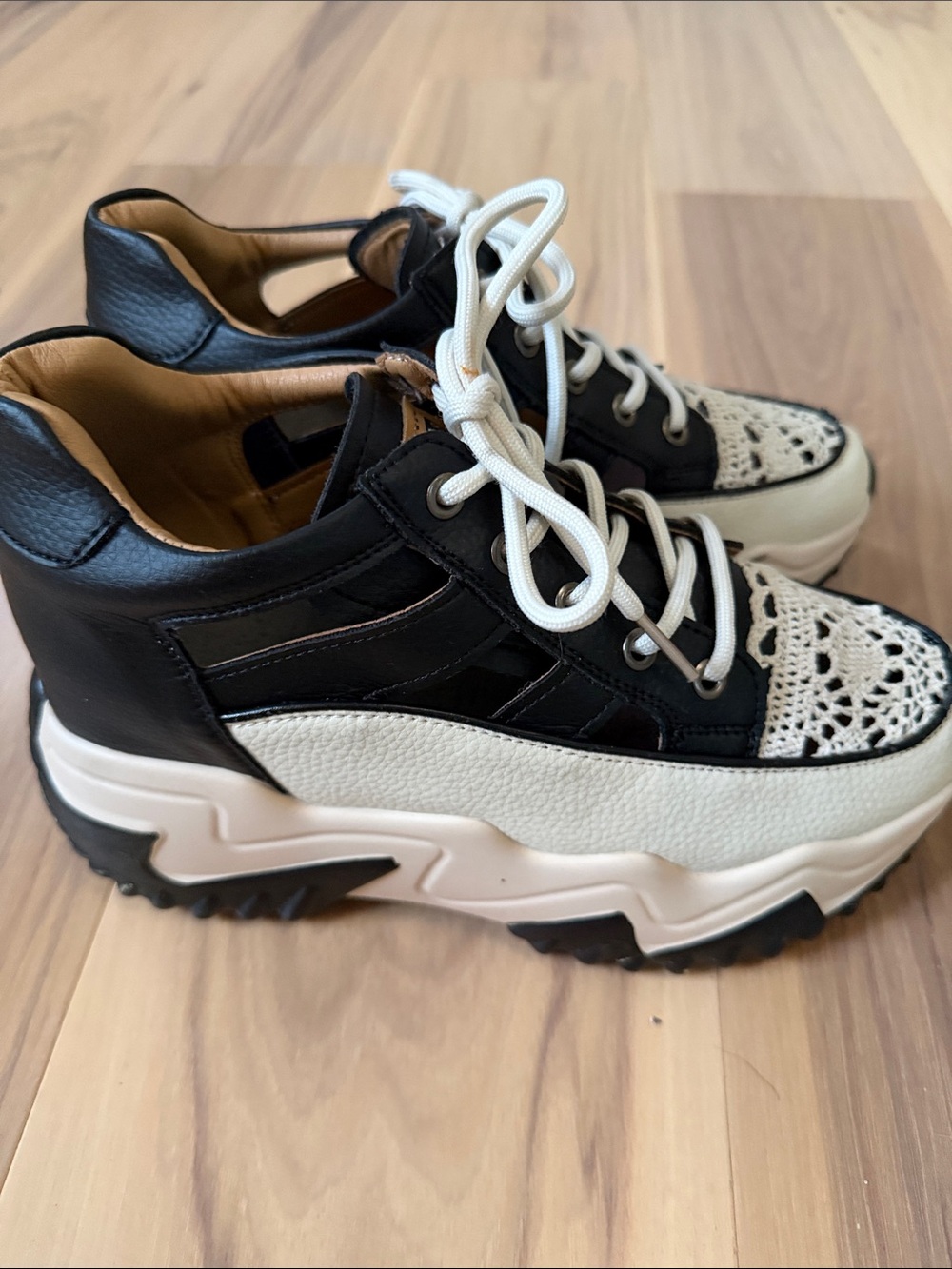 Chunky Lace-Up Platform Sneakers in Black and Cream